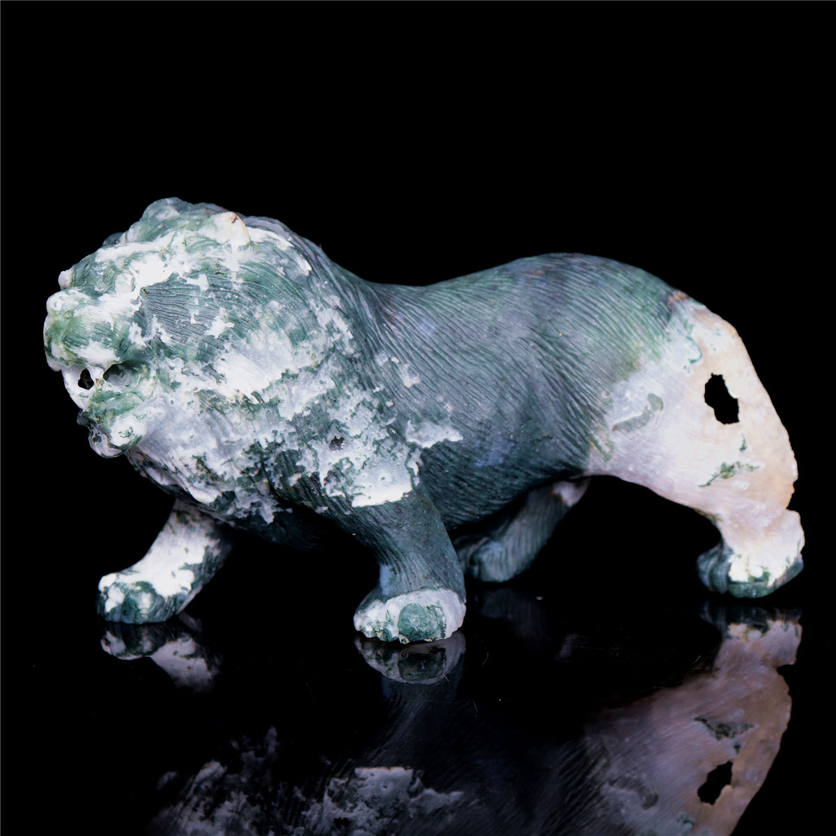 6" Druzy Moss Agate Crystal Lion Figurine Realistic Animal Carvings Decor