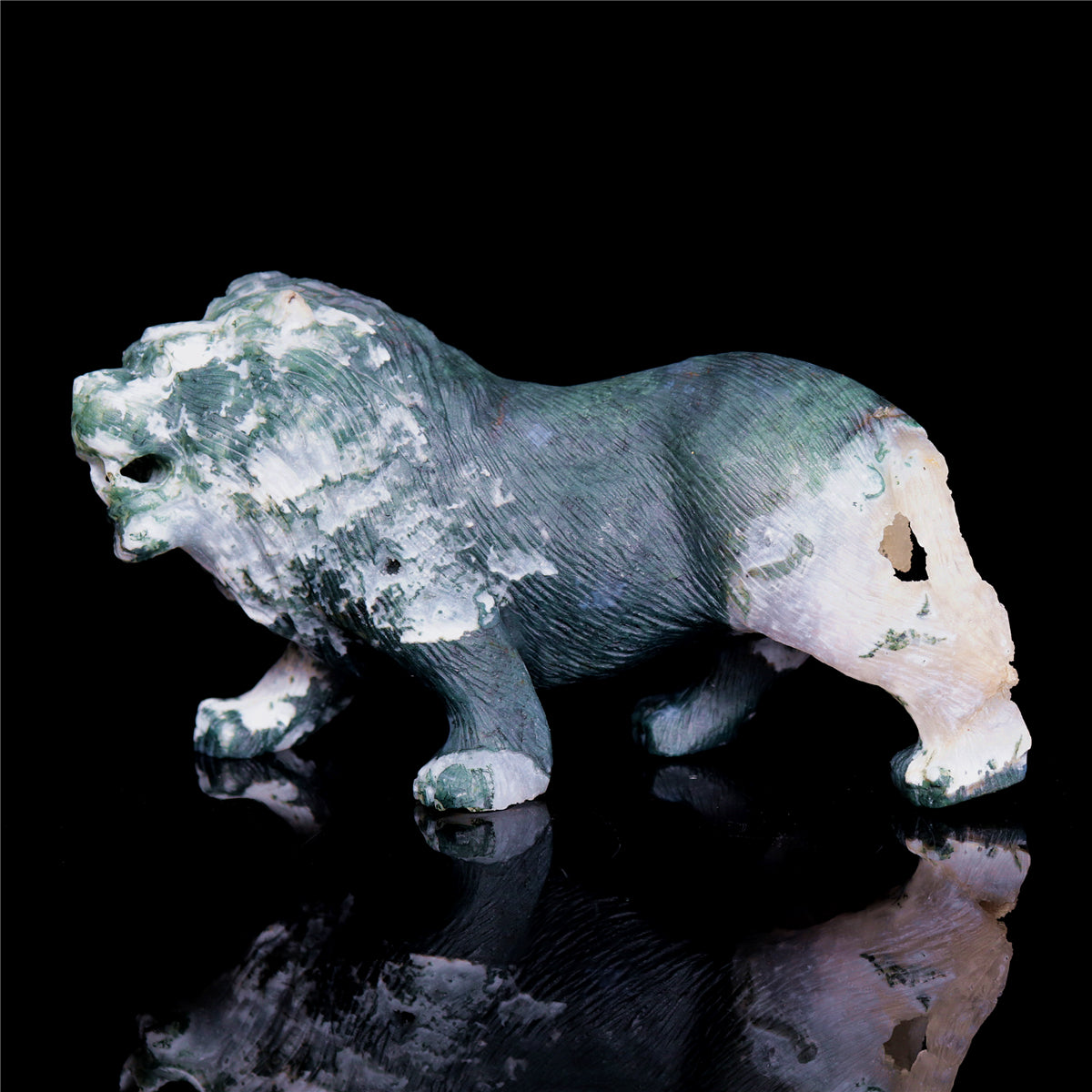 6" Druzy Moss Agate Crystal Lion Figurine Realistic Animal Carvings Decor