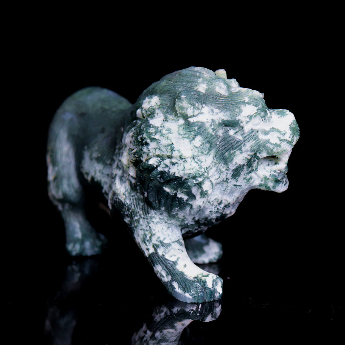 6" Druzy Moss Agate Crystal Lion Figurine Realistic Animal Carvings Decor