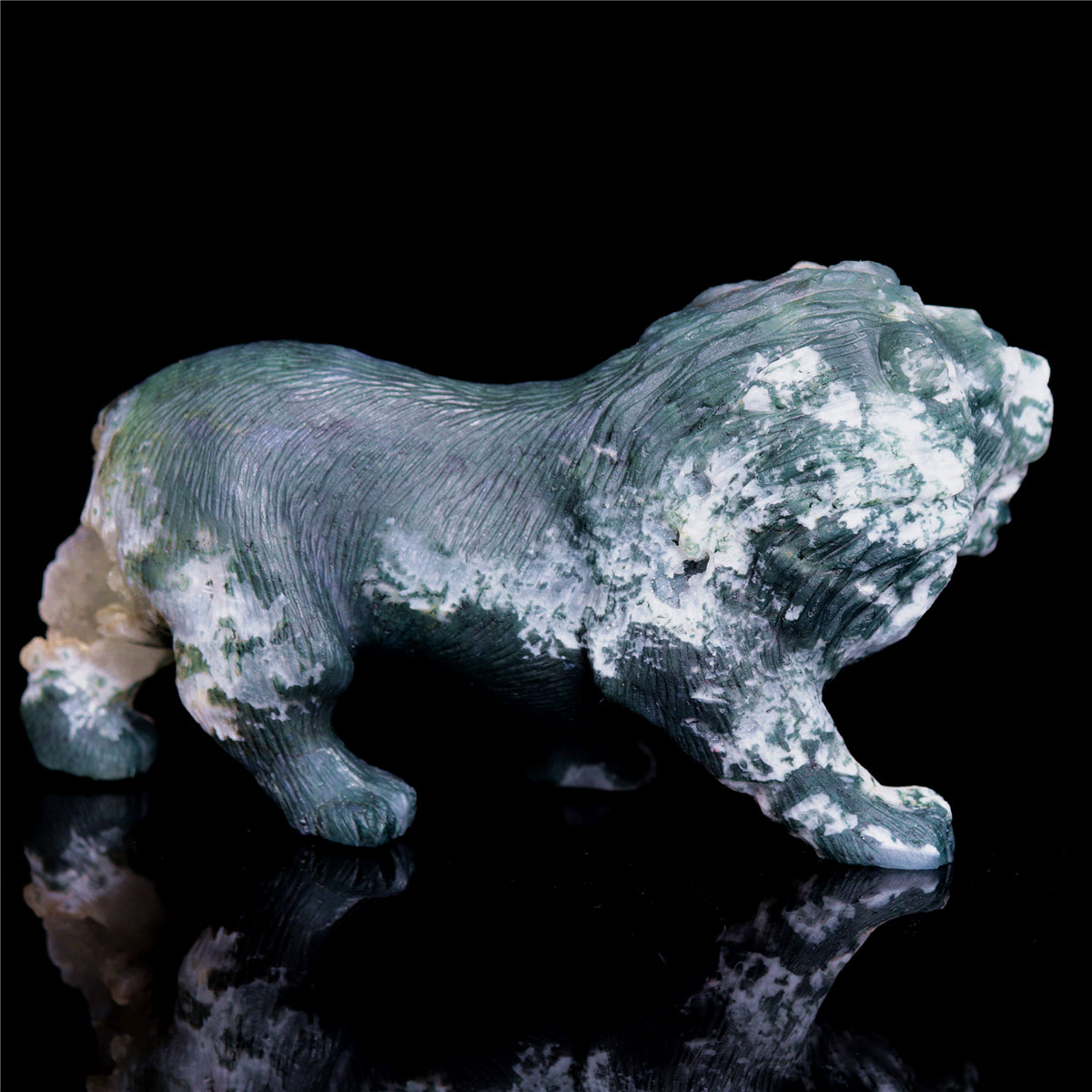 6" Druzy Moss Agate Crystal Lion Figurine Realistic Animal Carvings Decor