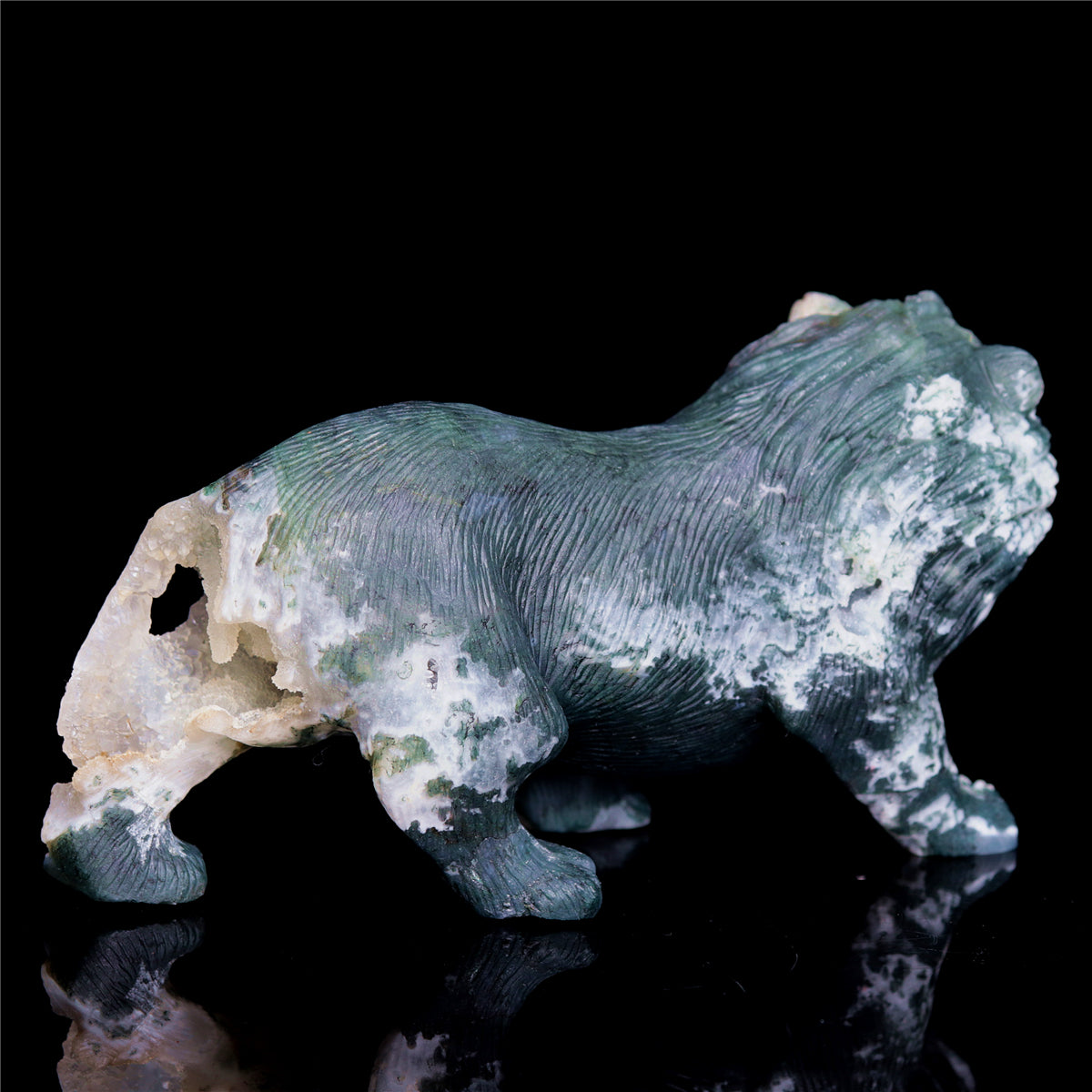 6" Druzy Moss Agate Crystal Lion Figurine Realistic Animal Carvings Decor