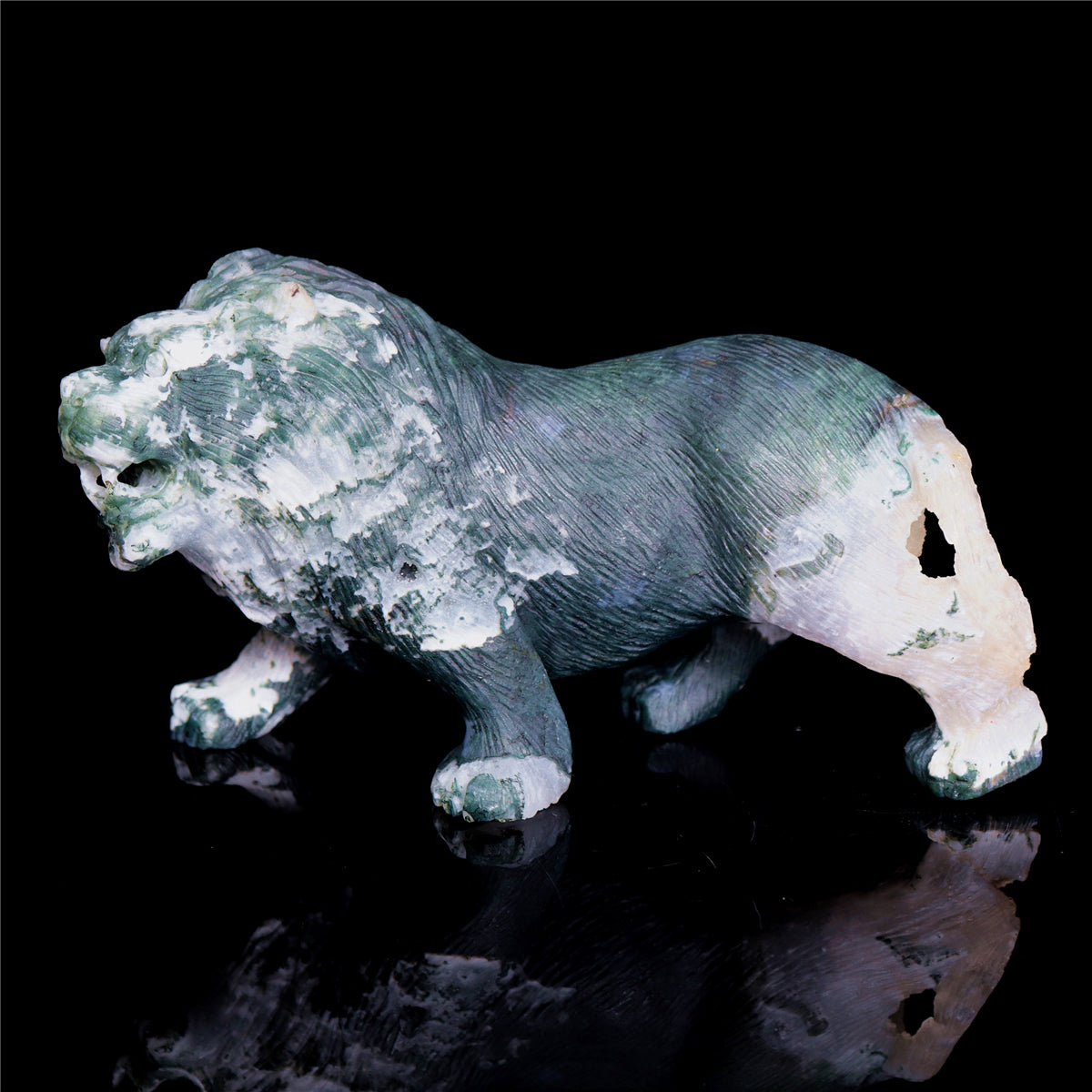 6" Druzy Moss Agate Crystal Lion Figurine Realistic Animal Carvings Decor
