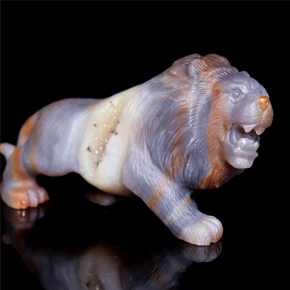 5" Druzy Agate Crystal Lion Figurine Realistic Animal Carvings Decor