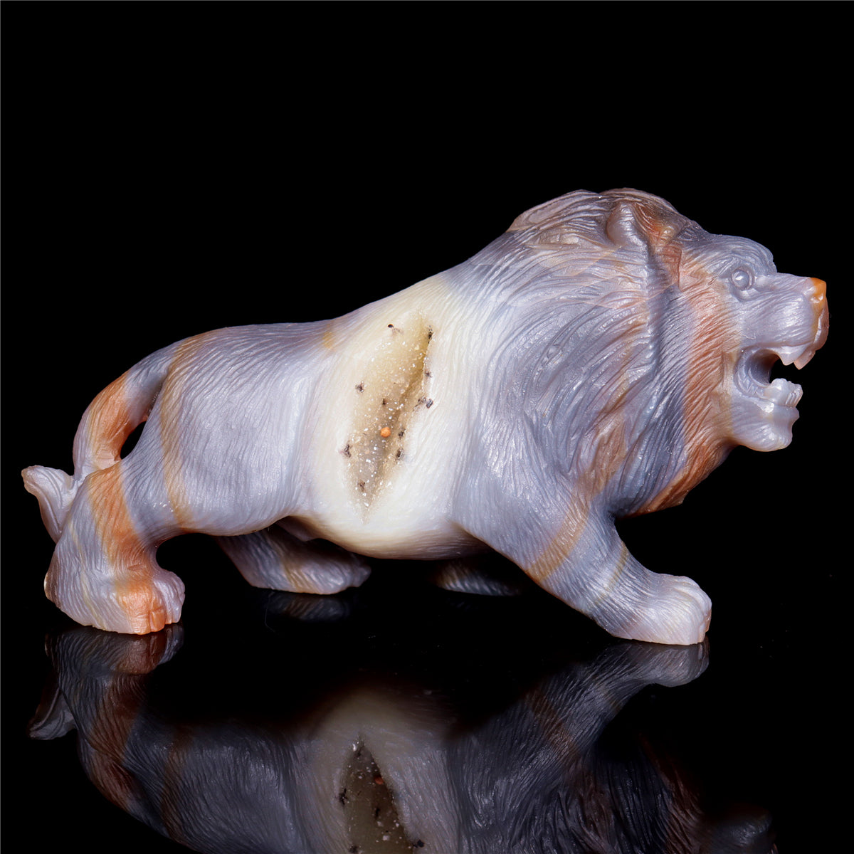 5" Druzy Agate Crystal Lion Figurine Realistic Animal Carvings Decor