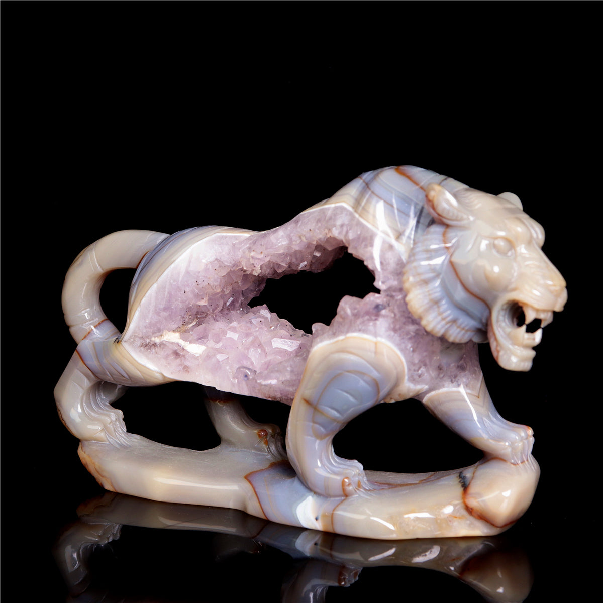 6.5" Amethyst Druzy Agate Crystal Tiger Figurine Realistic Animal Carvings