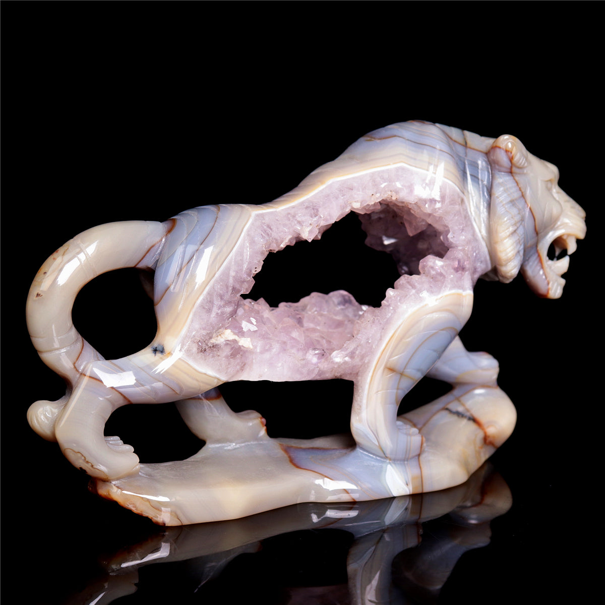 6.5" Amethyst Druzy Agate Crystal Tiger Figurine Realistic Animal Carvings
