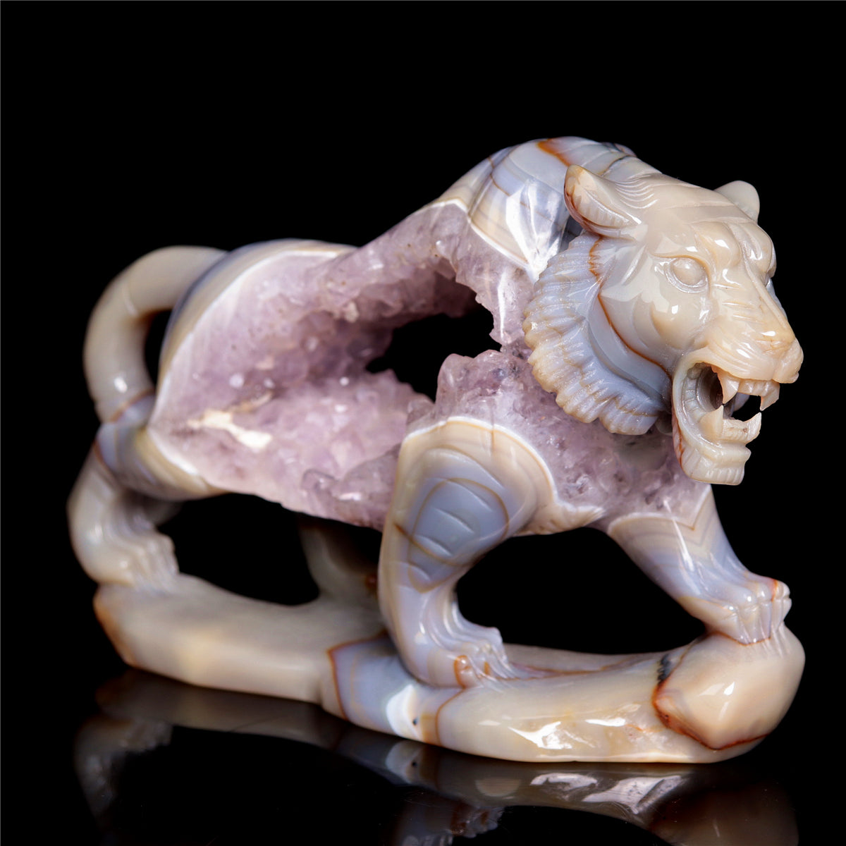 6.5" Amethyst Druzy Agate Crystal Tiger Figurine Realistic Animal Carvings