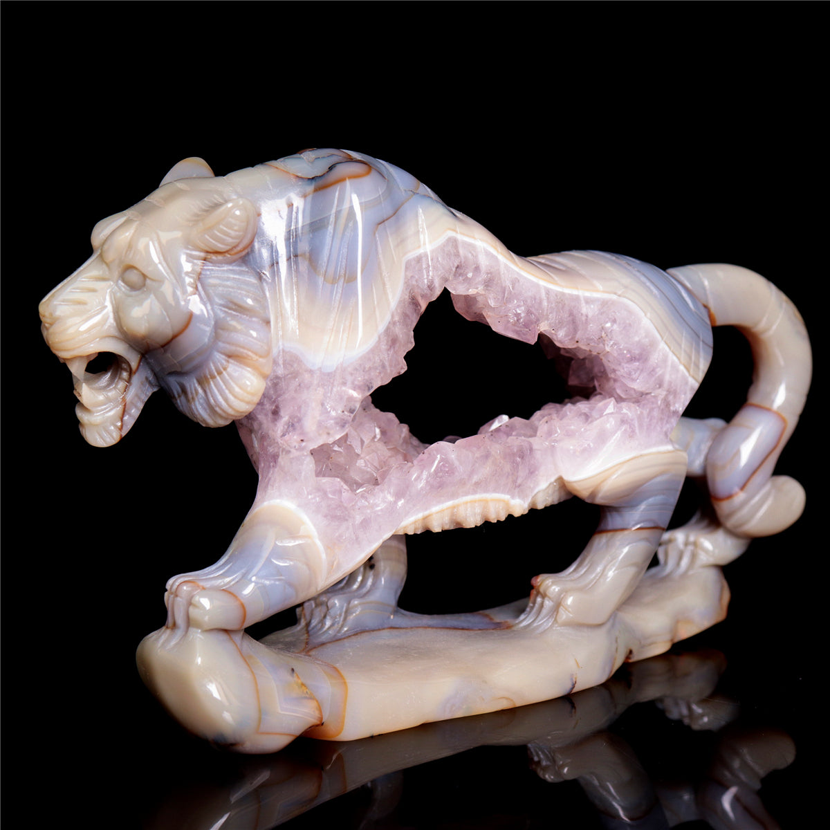 6.5" Amethyst Druzy Agate Crystal Tiger Figurine Realistic Animal Carvings
