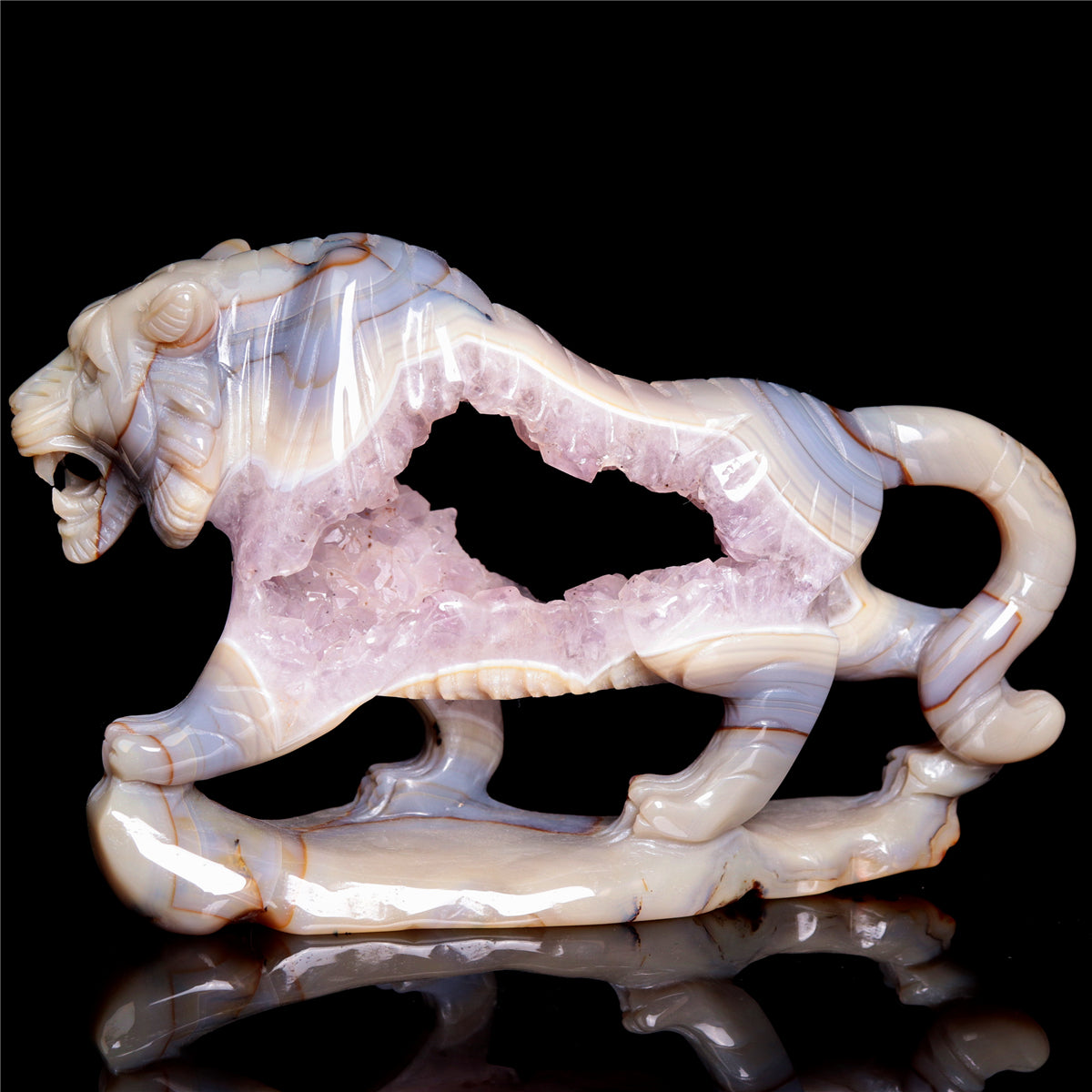 6.5" Amethyst Druzy Agate Crystal Tiger Figurine Realistic Animal Carvings