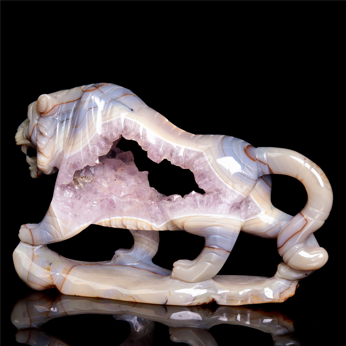 6.5" Amethyst Druzy Agate Crystal Tiger Figurine Realistic Animal Carvings