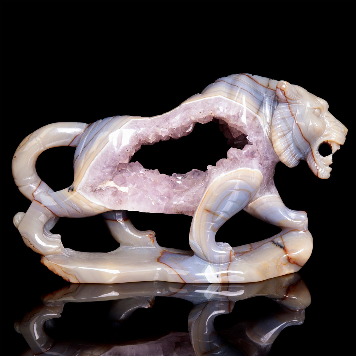 6.5" Amethyst Druzy Agate Crystal Tiger Figurine Realistic Animal Carvings