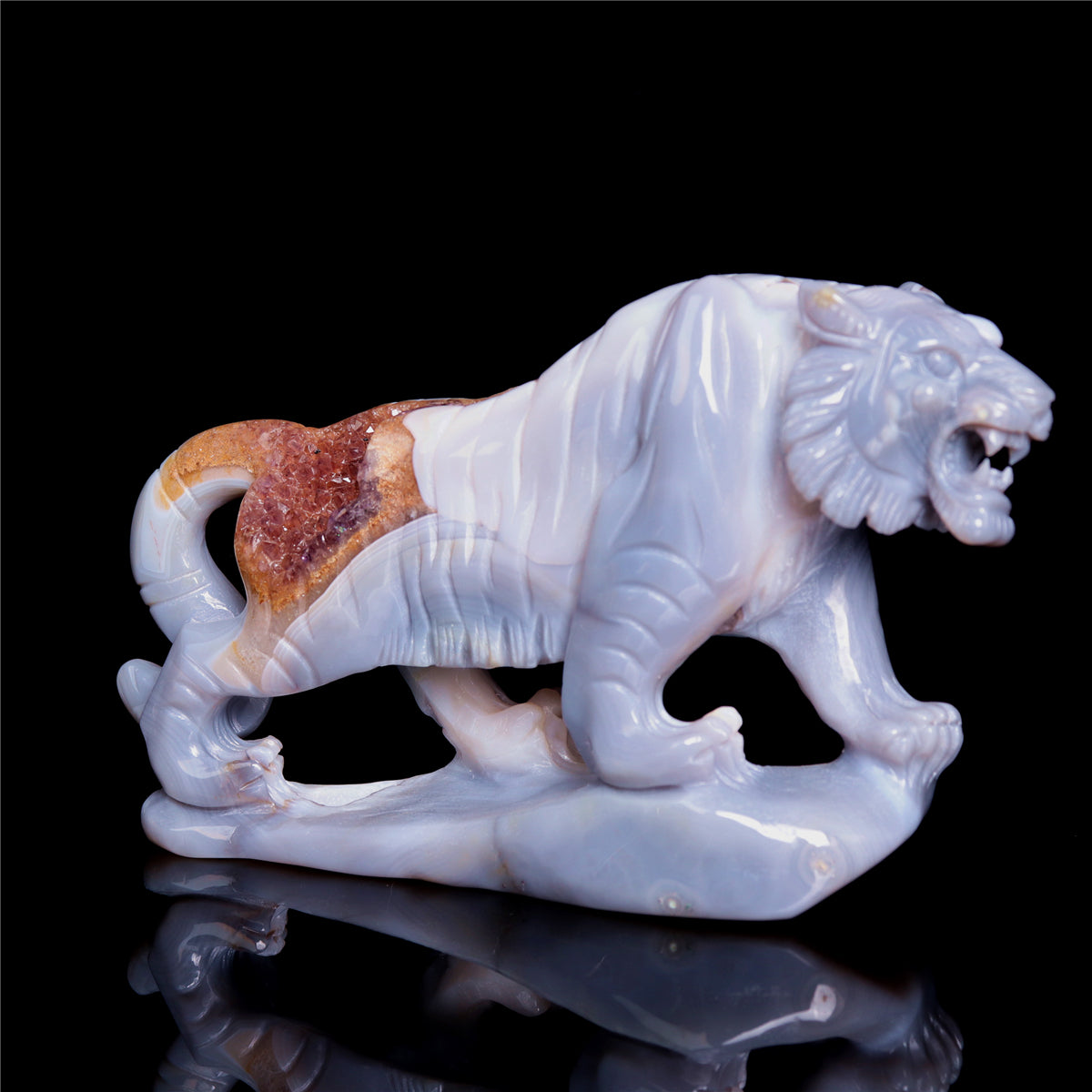 6.5" Amethyst Druzy Agate Crystal Tiger Figurine Realistic Animal Carvings
