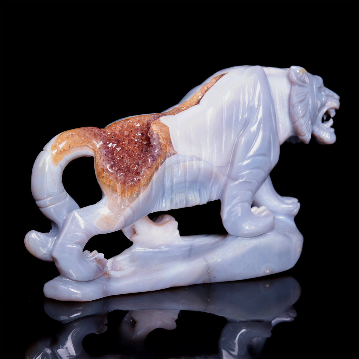 6.5" Amethyst Druzy Agate Crystal Tiger Figurine Realistic Animal Carvings