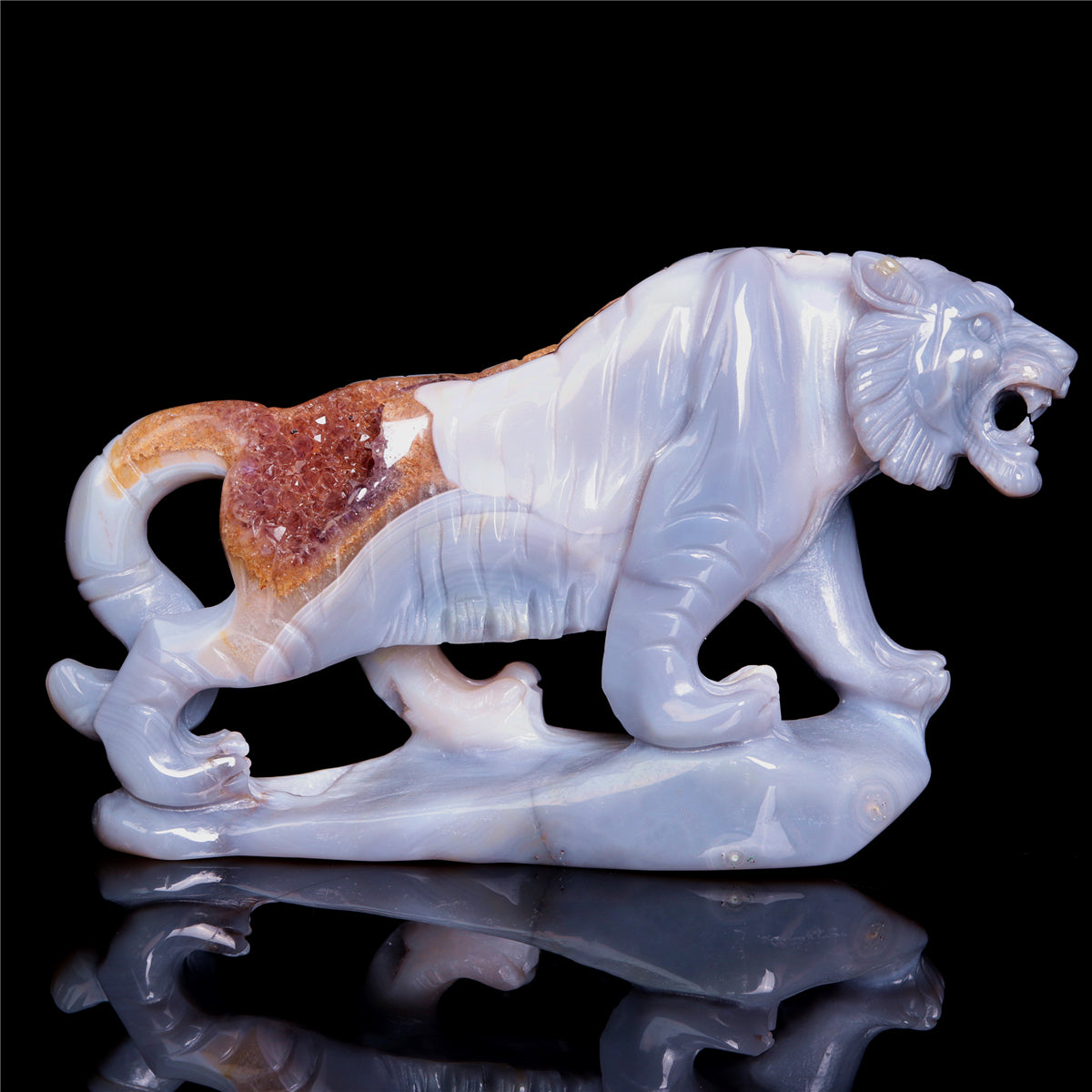 6.5" Amethyst Druzy Agate Crystal Tiger Figurine Realistic Animal Carvings