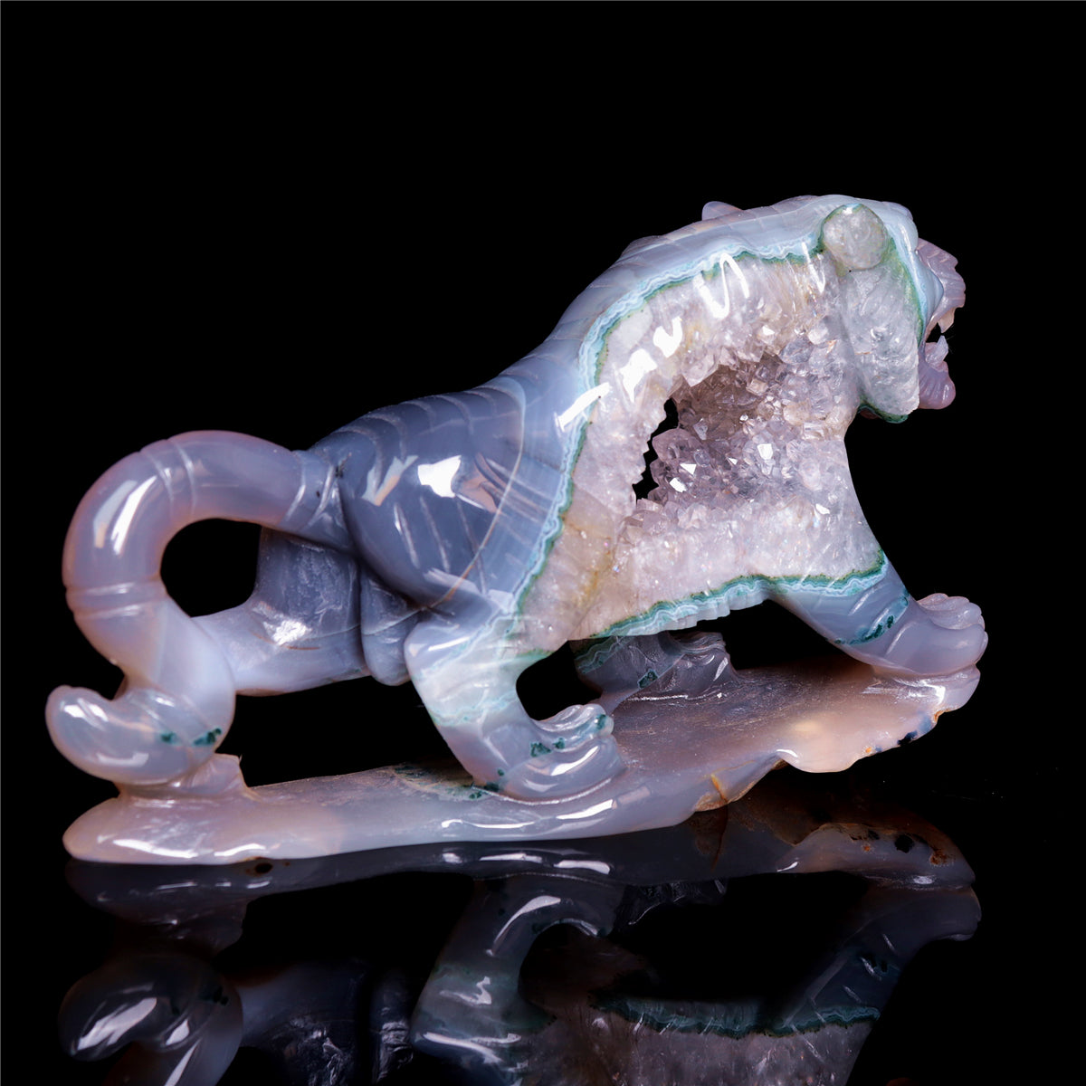 5.8" Druzy Agate Crystal Tiger Figurine Realistic Animal Carvings Gift
