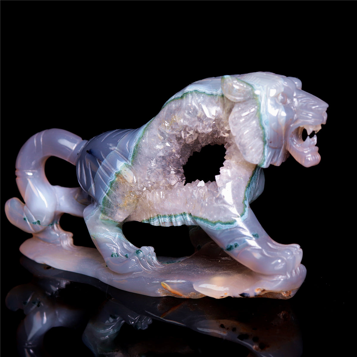 5.8" Druzy Agate Crystal Tiger Figurine Realistic Animal Carvings Gift