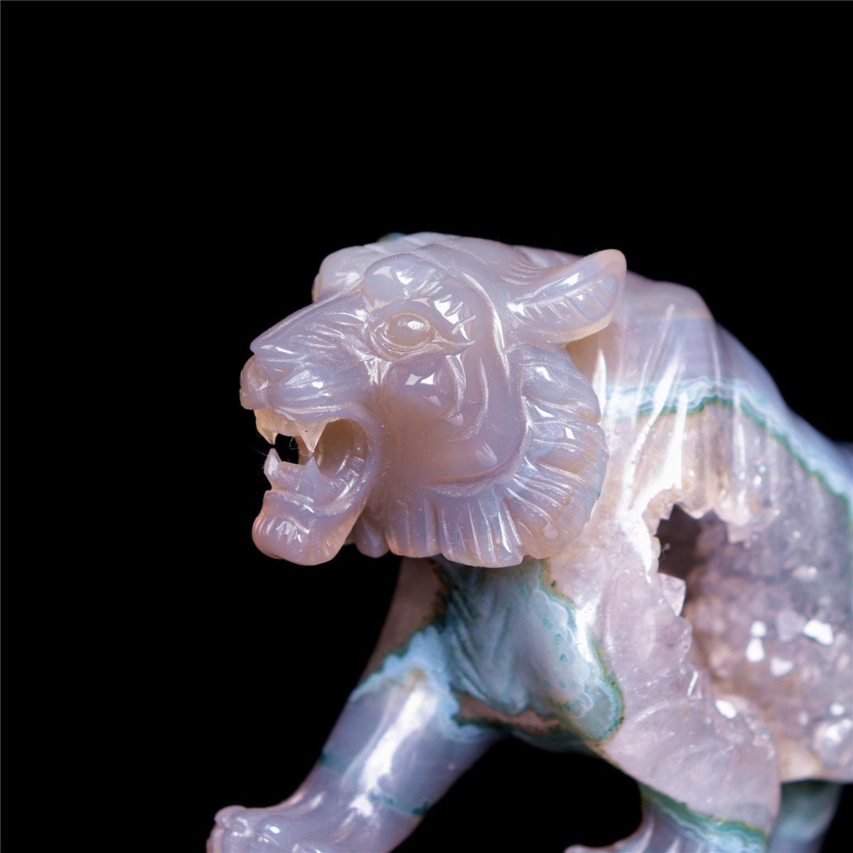 5.8" Druzy Agate Crystal Tiger Figurine Realistic Animal Carvings Gift