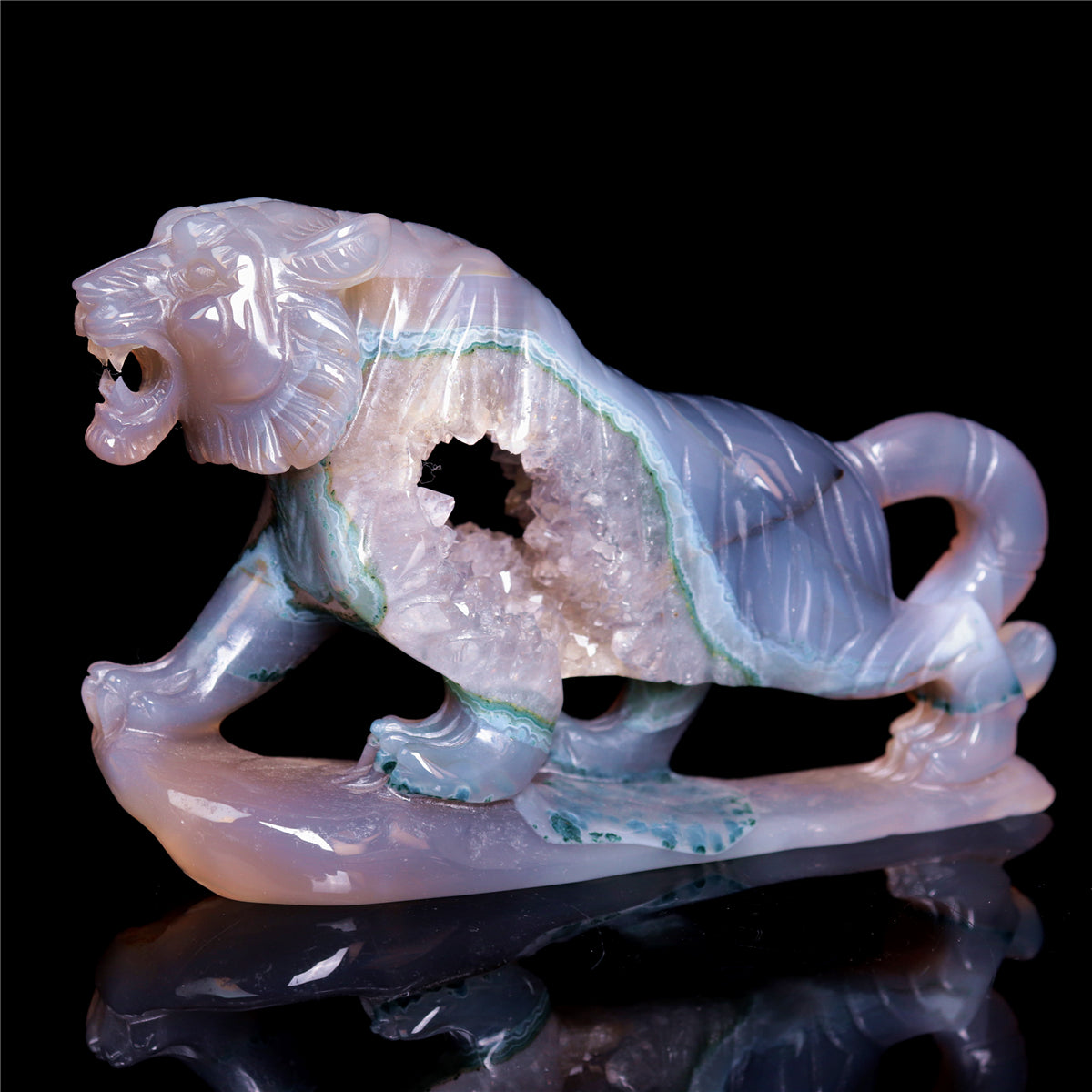 5.8" Druzy Agate Crystal Tiger Figurine Realistic Animal Carvings Gift
