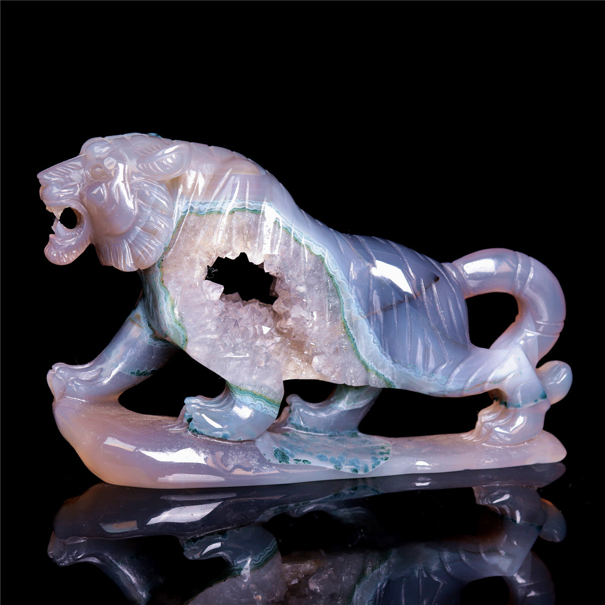 5.8" Druzy Agate Crystal Tiger Figurine Realistic Animal Carvings Gift