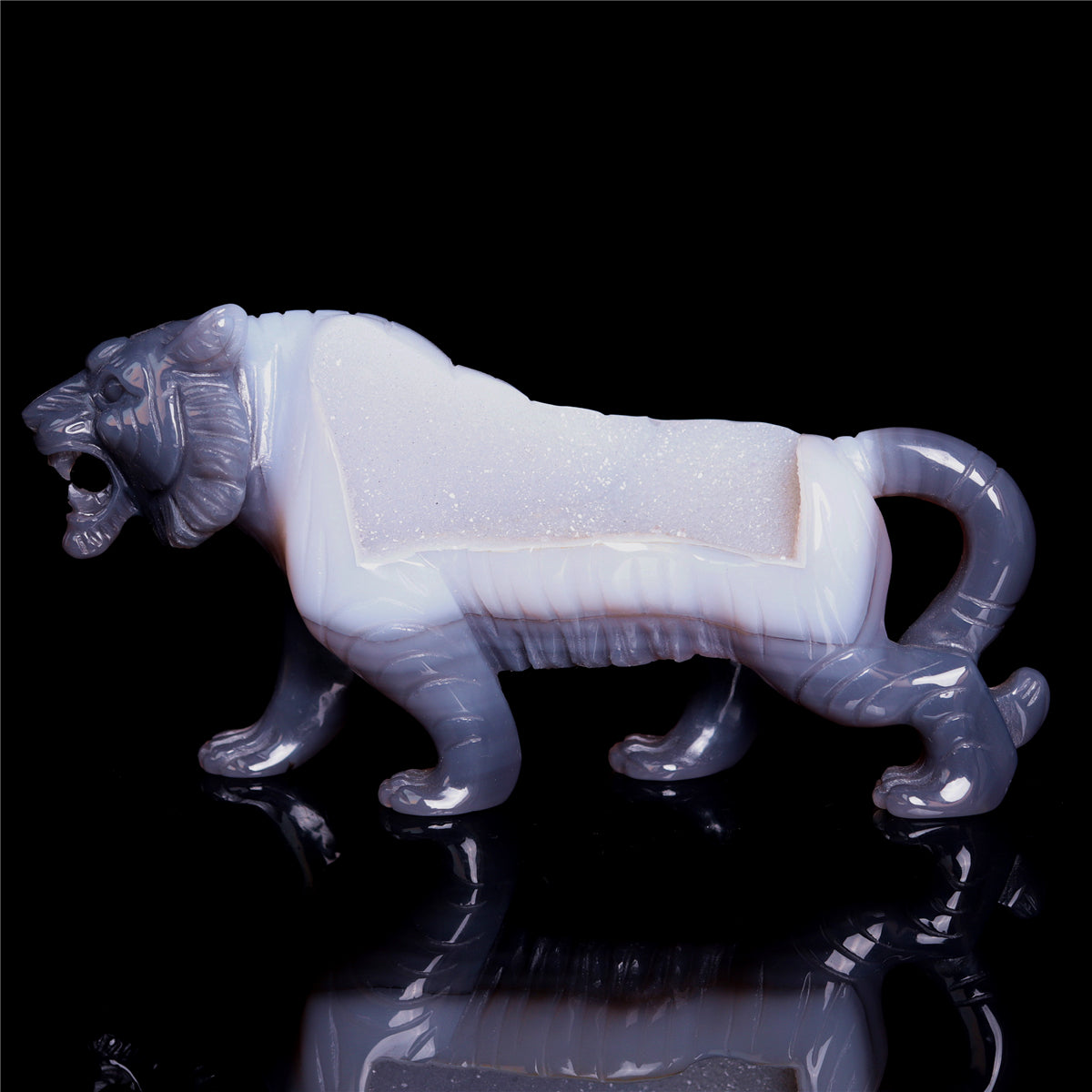6.5" Druzy Agate Crystal Tiger Figurine Realistic Animal Carvings Gift