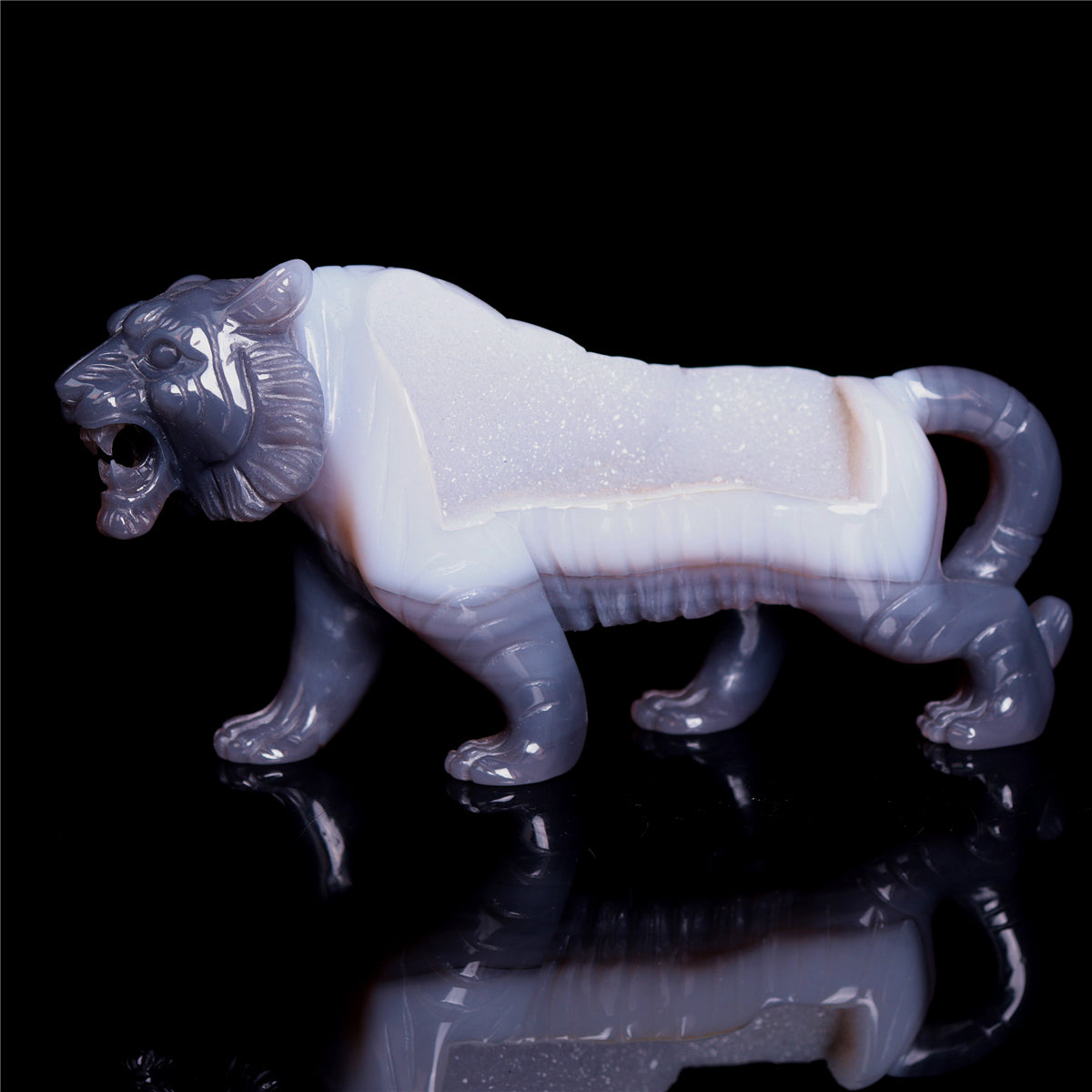 6.5" Druzy Agate Crystal Tiger Figurine Realistic Animal Carvings Gift