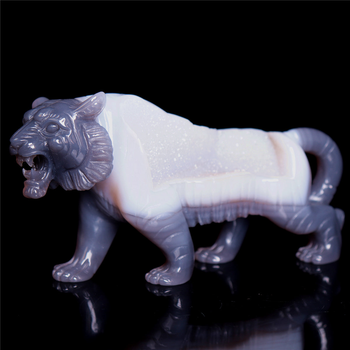 6.5" Druzy Agate Crystal Tiger Figurine Realistic Animal Carvings Gift