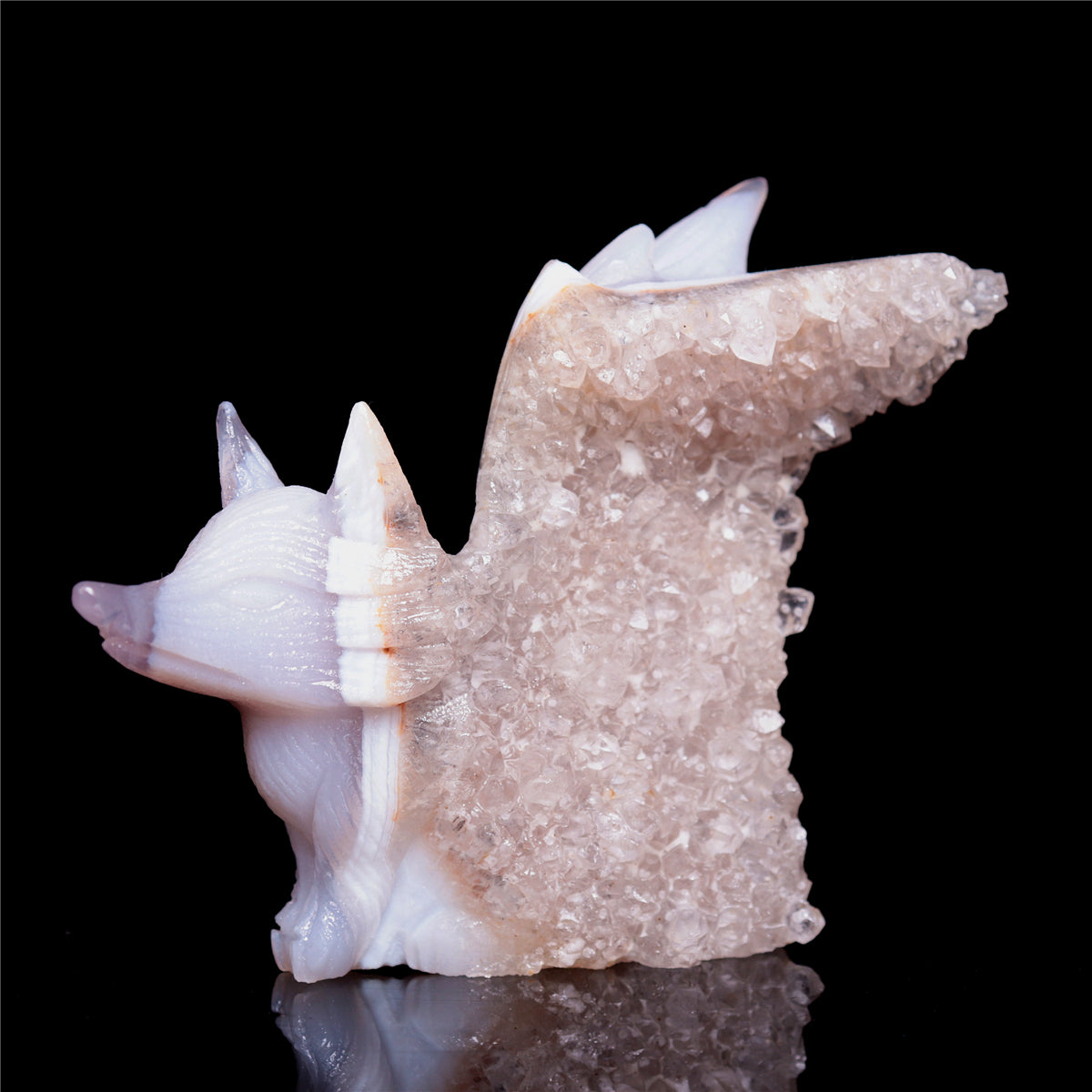 4" Druzy Agate Crystal Nine Tail Fox Figurine Animal Carvings