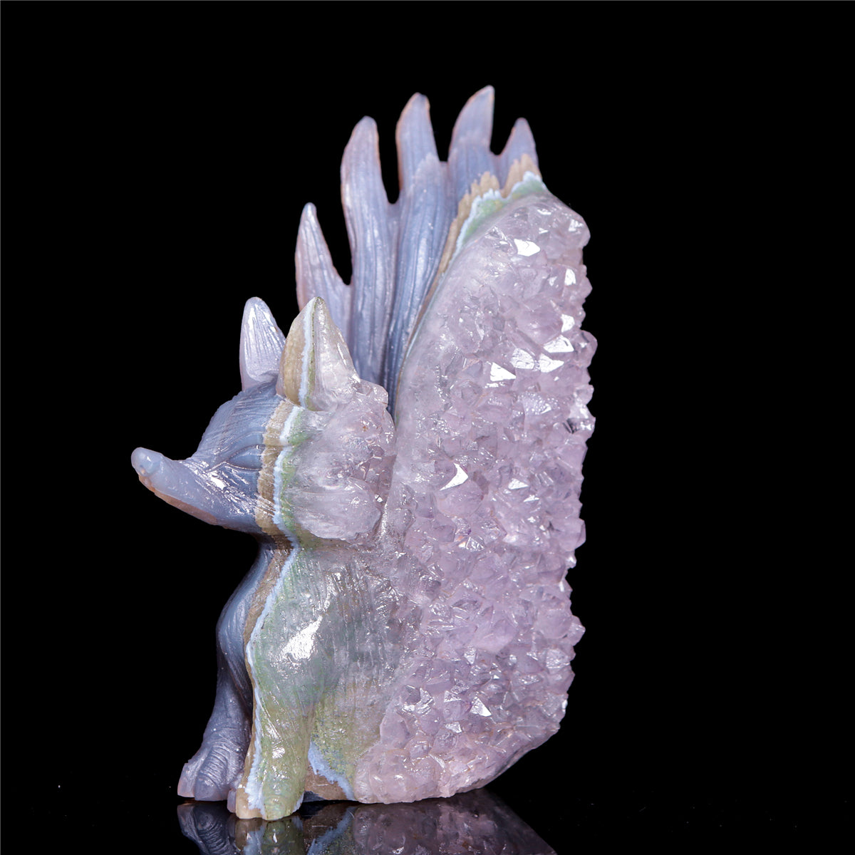 5" Druzy Agate Crystal Nine Tail Fox Figurine Animal Carvings