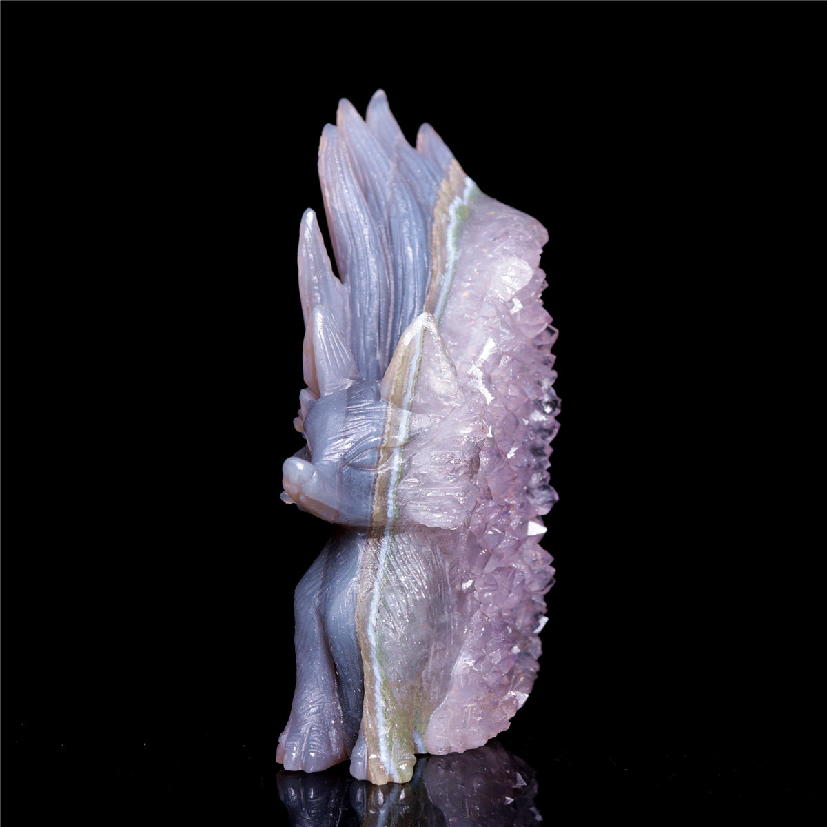 5" Druzy Agate Crystal Nine Tail Fox Figurine Animal Carvings