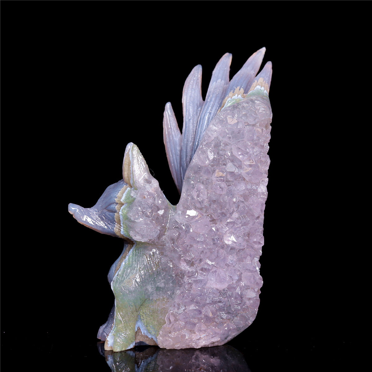 5" Druzy Agate Crystal Nine Tail Fox Figurine Animal Carvings