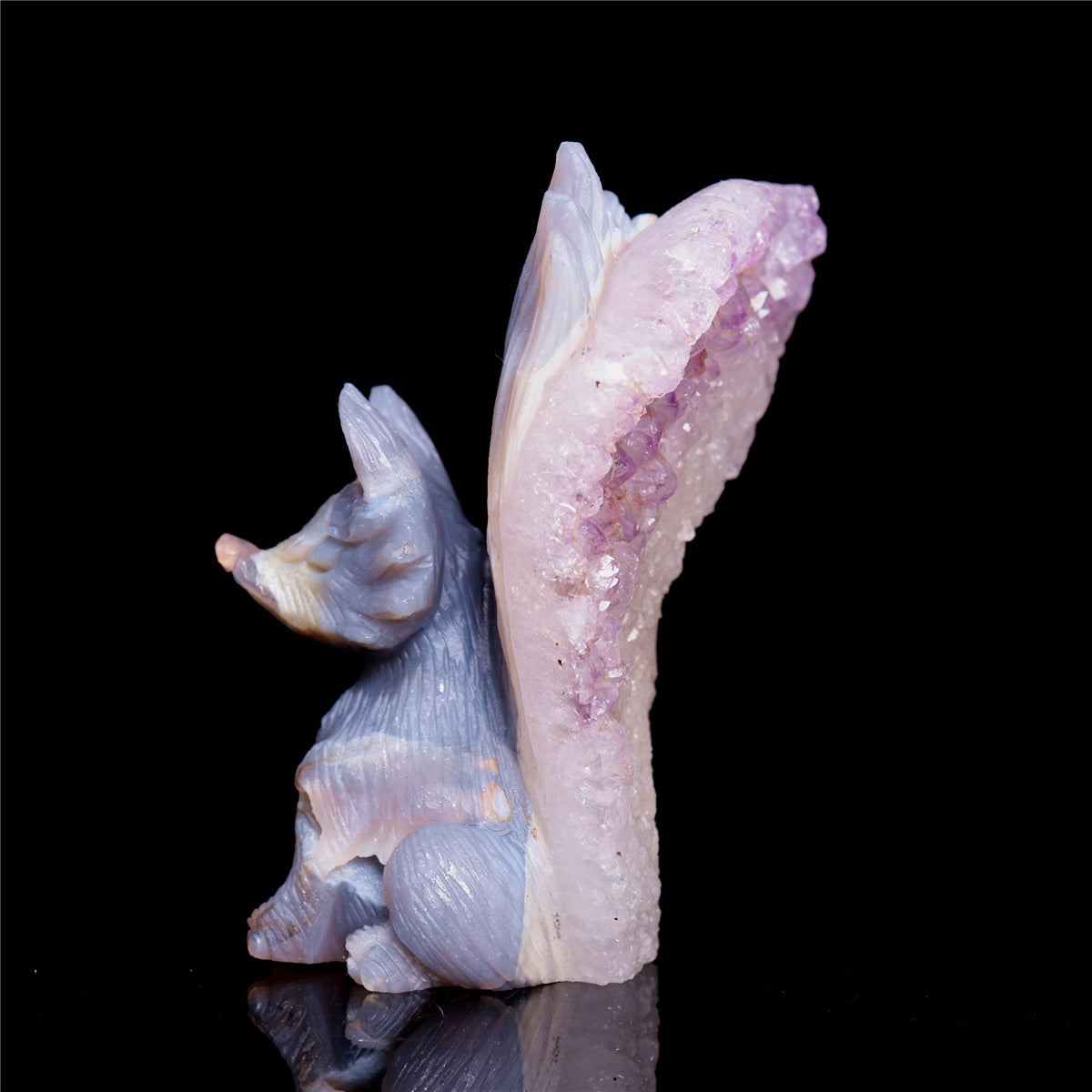 4" Druzy Agate Crystal Nine Tail Fox Figurine Animal Carvings