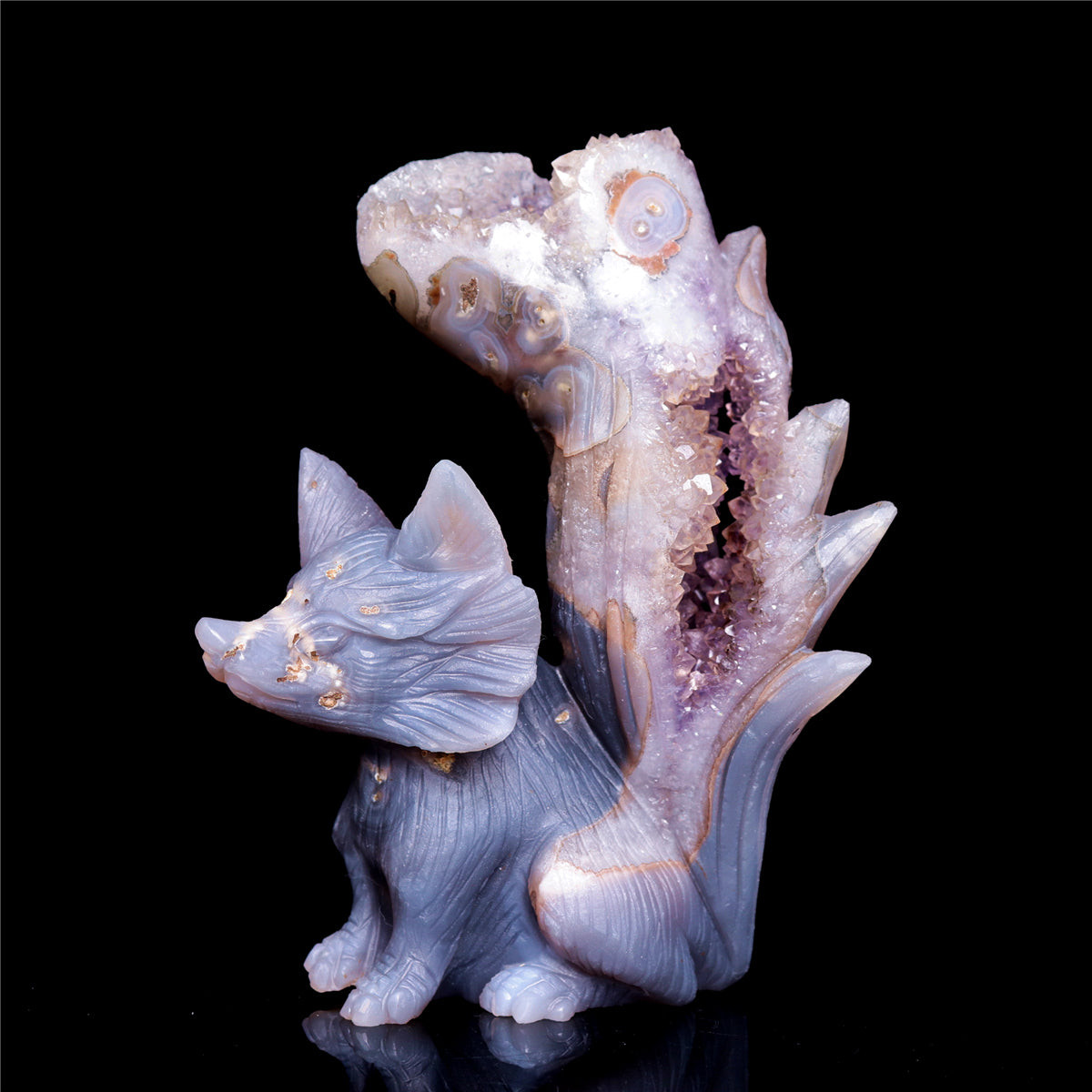 5.5" Amethyst Druzy Agate Crystal Nine Tail Fox Figurine Animal Carvings