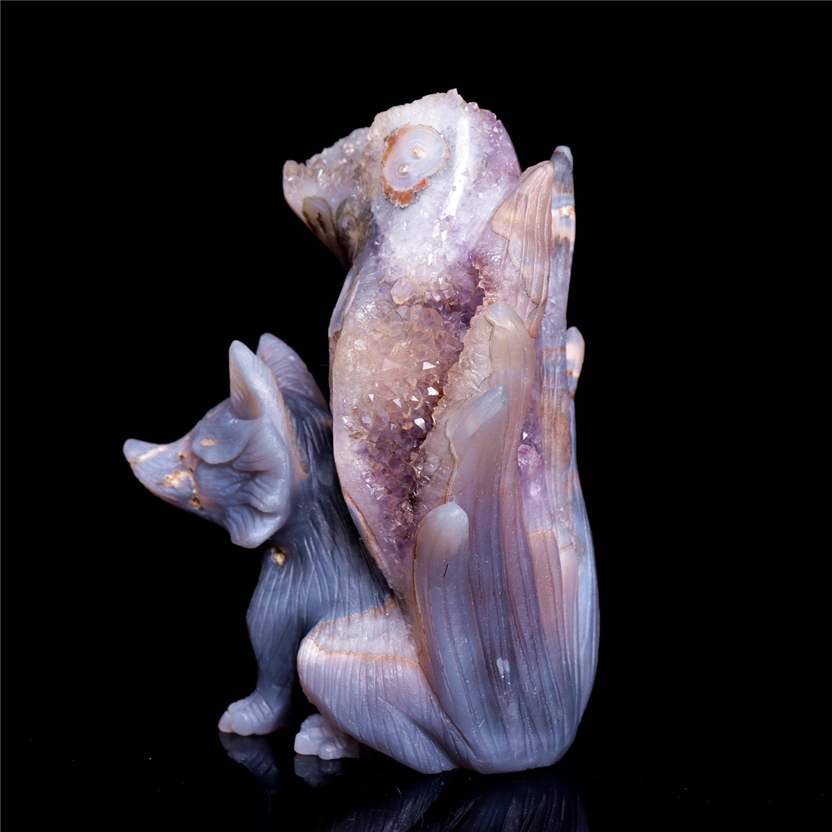 5.5" Amethyst Druzy Agate Crystal Nine Tail Fox Figurine Animal Carvings