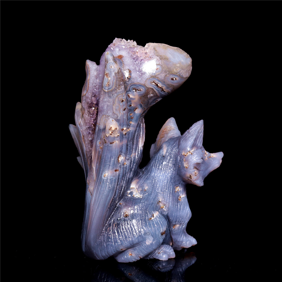 5.5" Amethyst Druzy Agate Crystal Nine Tail Fox Figurine Animal Carvings