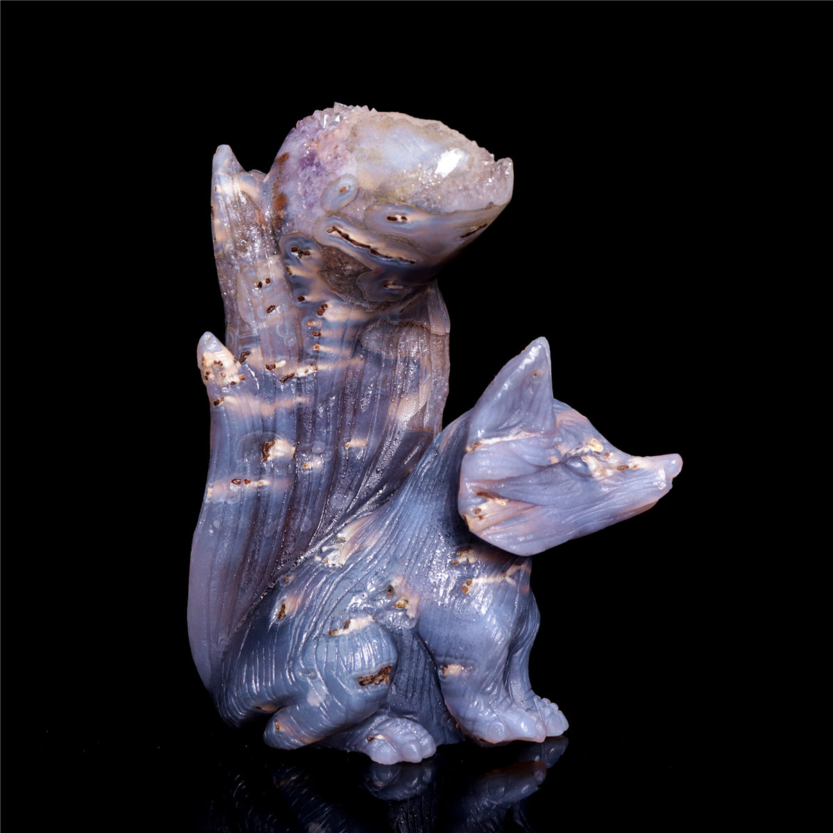 5.5" Amethyst Druzy Agate Crystal Nine Tail Fox Figurine Animal Carvings