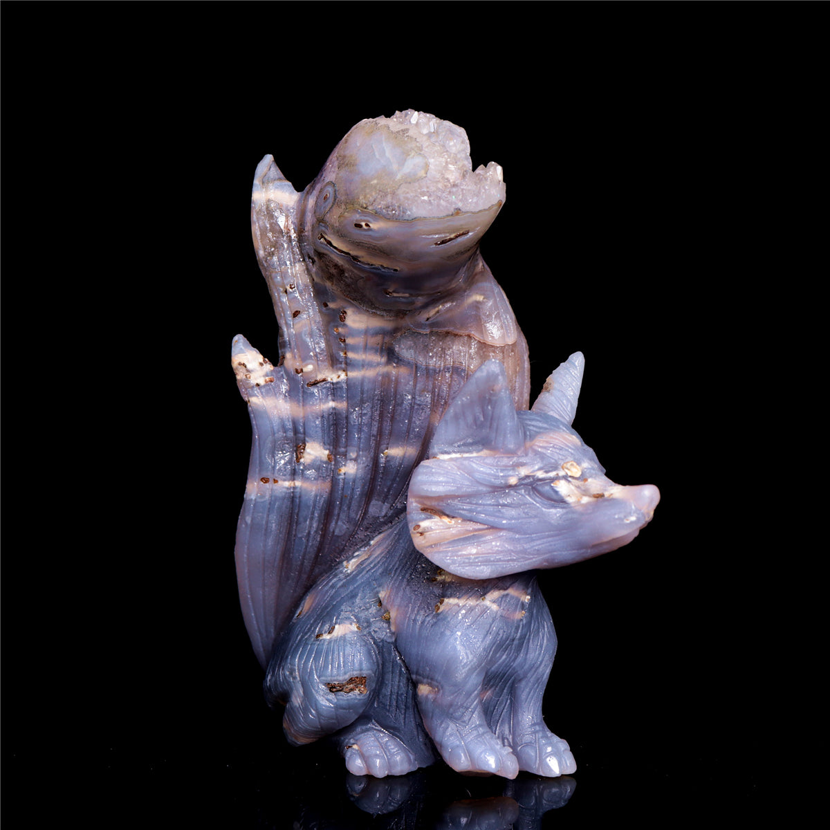 5.5" Amethyst Druzy Agate Crystal Nine Tail Fox Figurine Animal Carvings