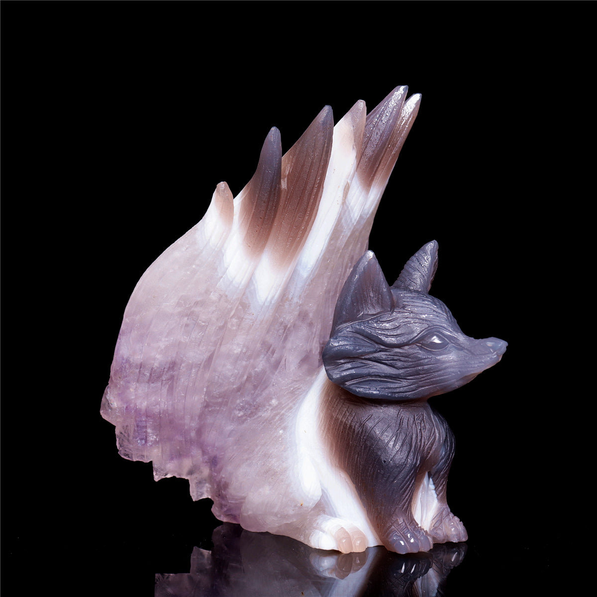 5" Druzy Agate Crystal Nine Tail Fox Figurine Animal Carvings