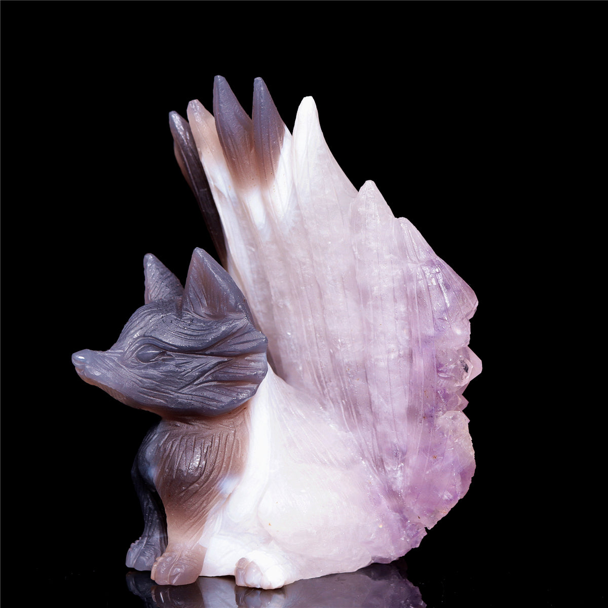 5" Druzy Agate Crystal Nine Tail Fox Figurine Animal Carvings