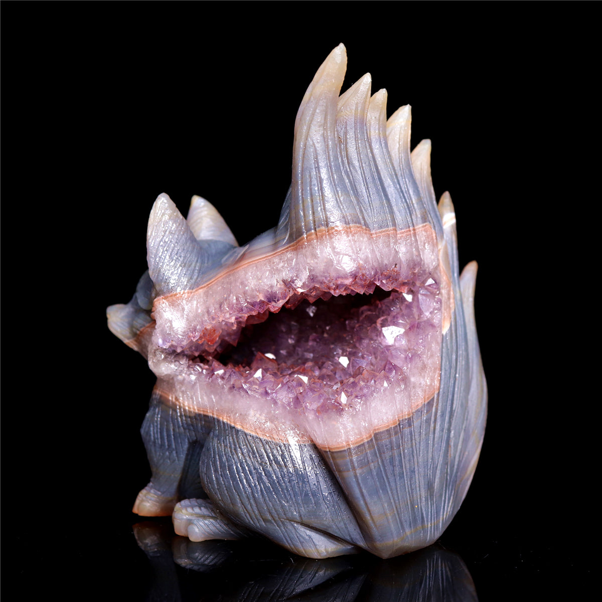 5" Amethyst Druzy Agate Crystal Nine Tail Fox Figurine Animal Carvings