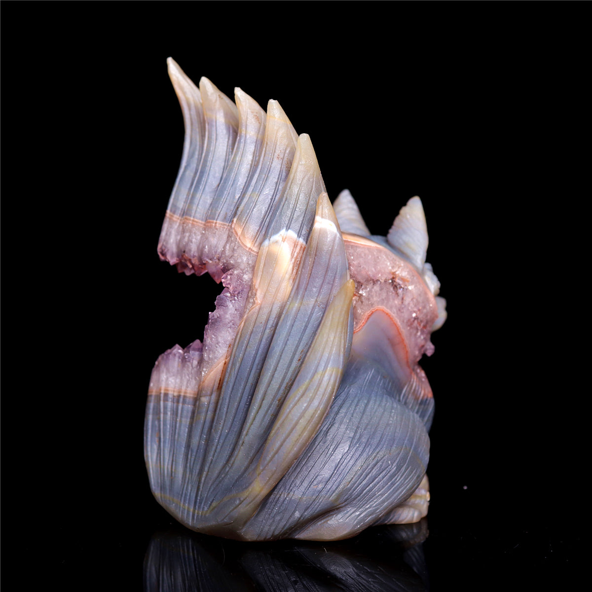 5" Amethyst Druzy Agate Crystal Nine Tail Fox Figurine Animal Carvings
