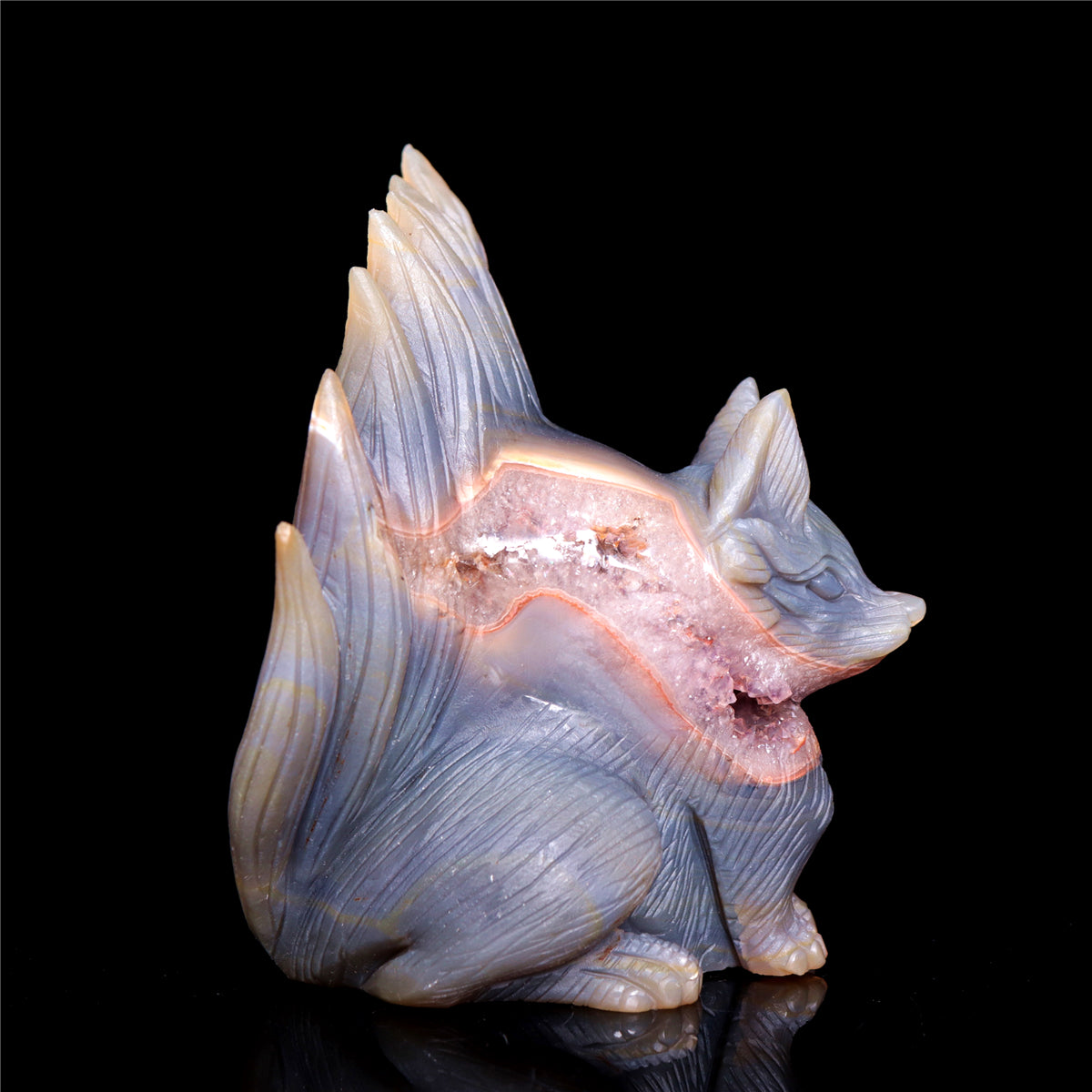 5" Amethyst Druzy Agate Crystal Nine Tail Fox Figurine Animal Carvings