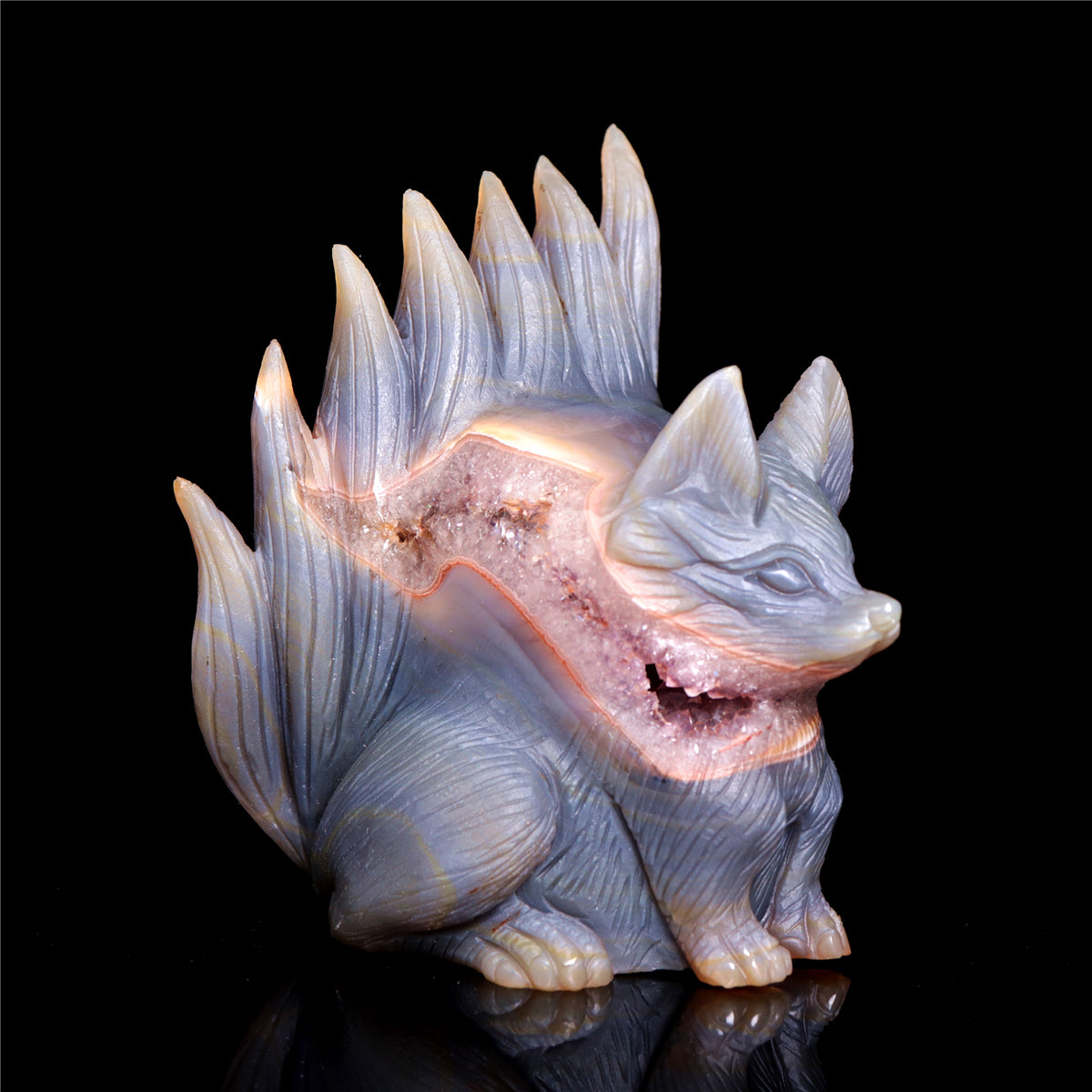 5" Amethyst Druzy Agate Crystal Nine Tail Fox Figurine Animal Carvings