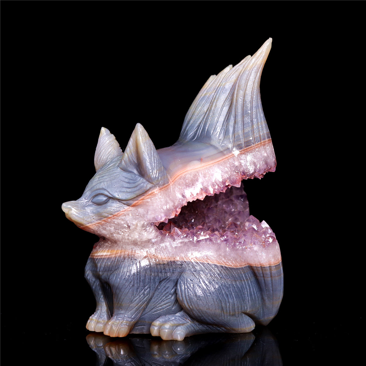 5" Amethyst Druzy Agate Crystal Nine Tail Fox Figurine Animal Carvings