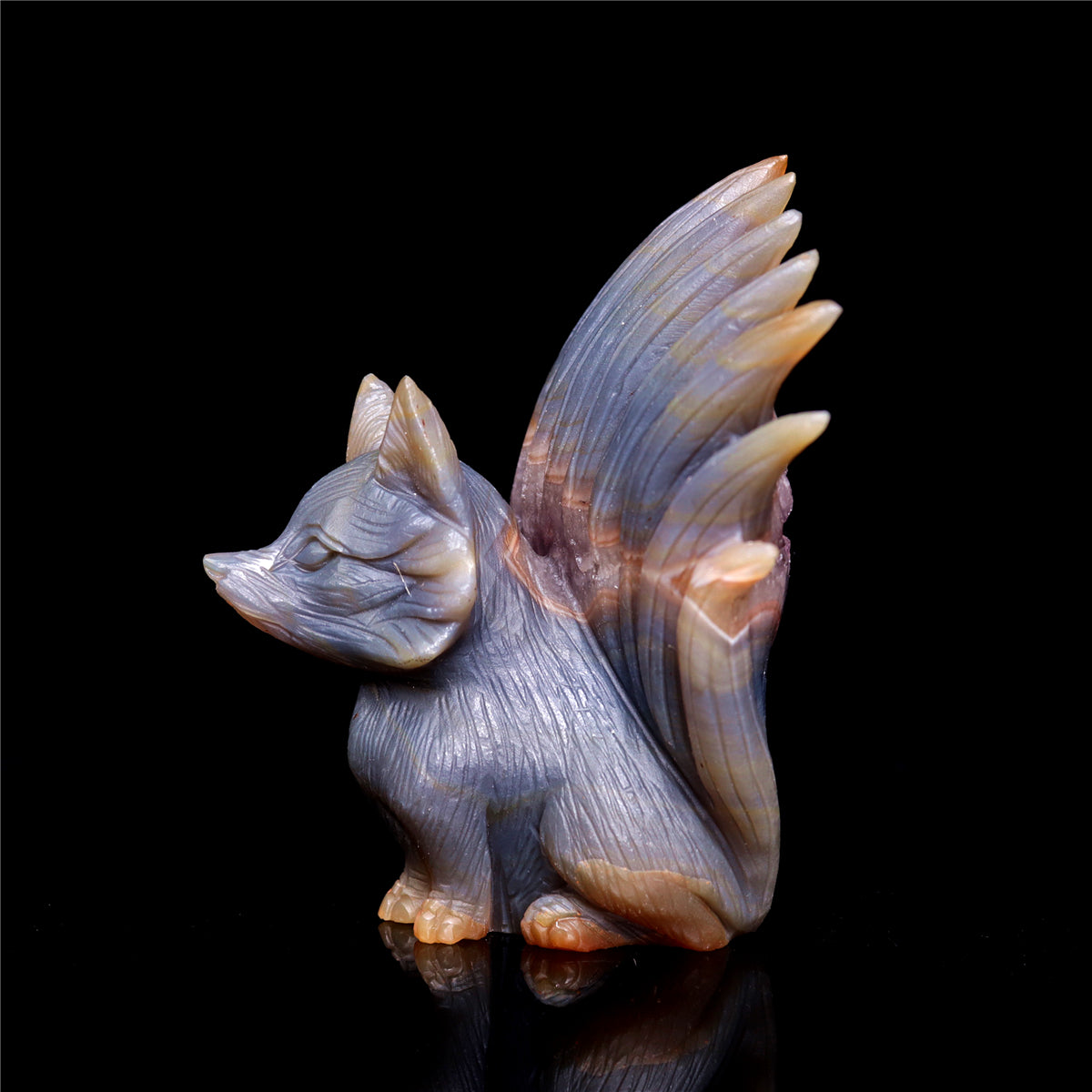 4.5" Amethyst Druzy Agate Crystal Nine Tail Fox Figurine Animal Carvings