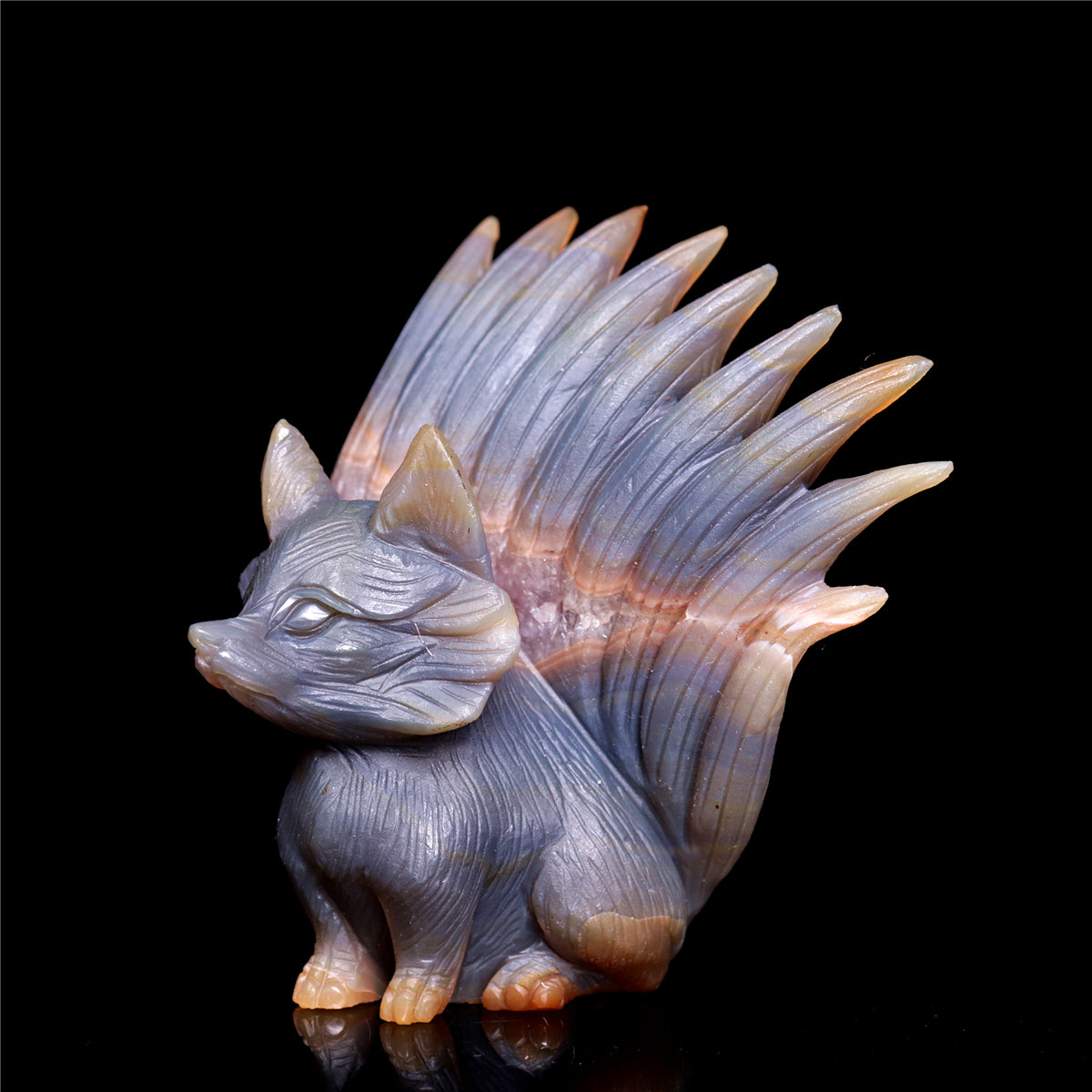 4.5" Amethyst Druzy Agate Crystal Nine Tail Fox Figurine Animal Carvings