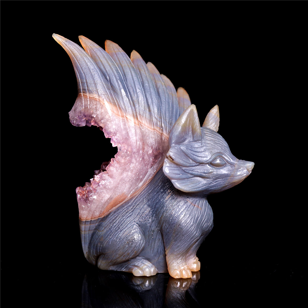 4.5" Amethyst Druzy Agate Crystal Nine Tail Fox Figurine Animal Carvings