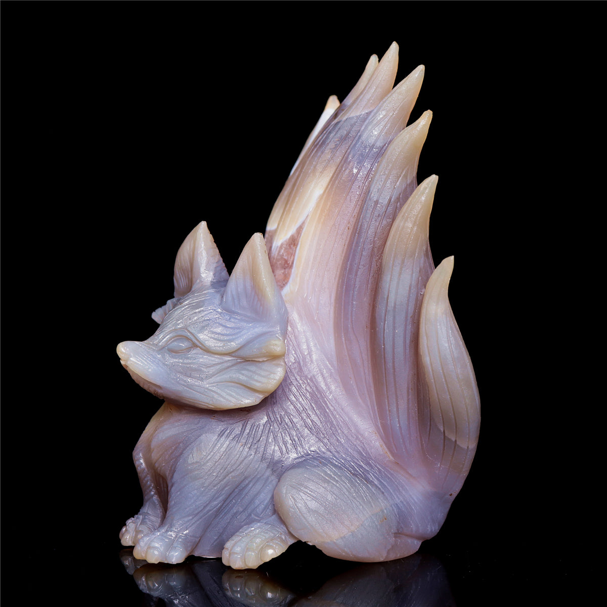 6" Amethyst Druzy Agate Crystal Nine Tail Fox Figurine Animal Carvings