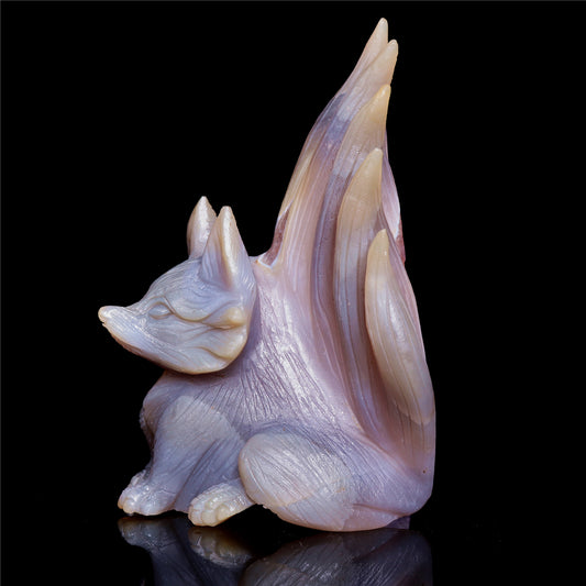 6" Amethyst Druzy Agate Crystal Nine Tail Fox Figurine Animal Carvings