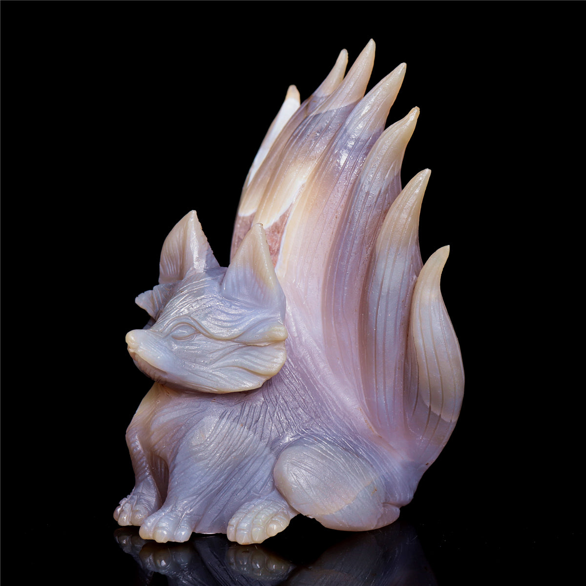 6" Amethyst Druzy Agate Crystal Nine Tail Fox Figurine Animal Carvings