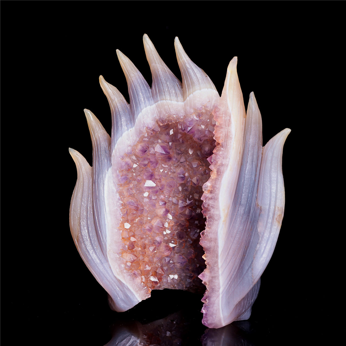 6" Amethyst Druzy Agate Crystal Nine Tail Fox Figurine Animal Carvings
